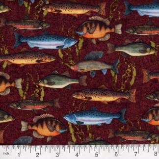 Good Catch Fishing Burgundy Cotton Fabric