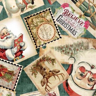 Wonderful Christmastime Christmas Collage Dusty Teal Cotton Fabric