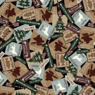 Moose Creek Lodge Signs Black Cotton Fabric