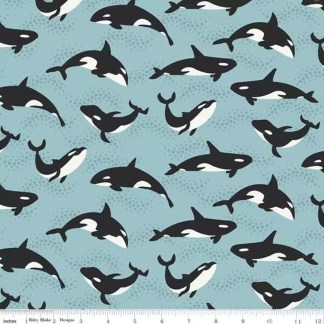 Alaska Orca Whales in Aqua Cotton Fabric