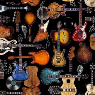 Rock n Roll Fantasy Black Guitars Cotton Fabric