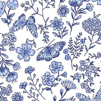 Butterfly Blues Floral White Cotton Fabric