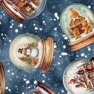 Wonderful Christmastime Snow Globe Toss Dark Blue Cotton Fabric