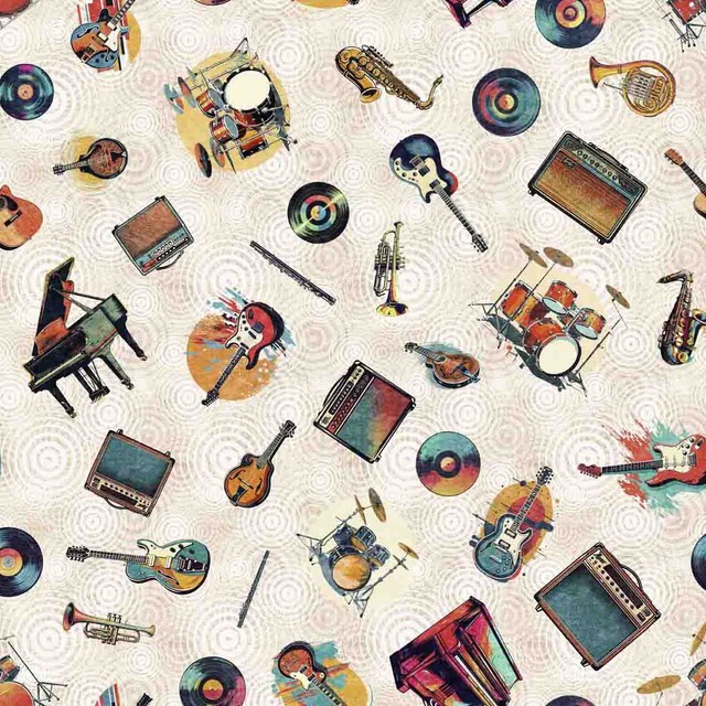 Rock n Roll Fantasy Musical Instruments Cream Cotton Fabric