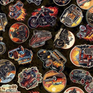 Heavy Metal Stickers Black Cotton Fabric