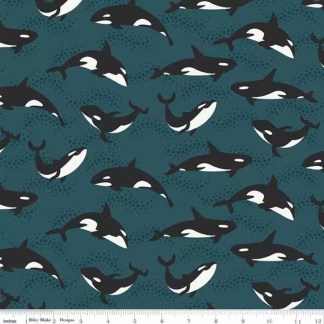 Alaska Orca Whales in Coastal Blue Cotton Fabric
