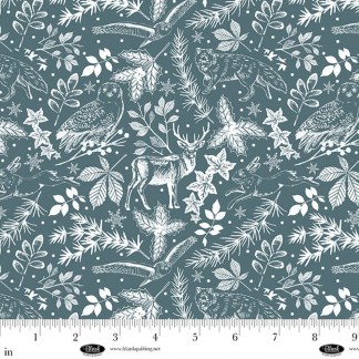 Winter Whispers Leaves With Wildlife Teal Cotton Fabric