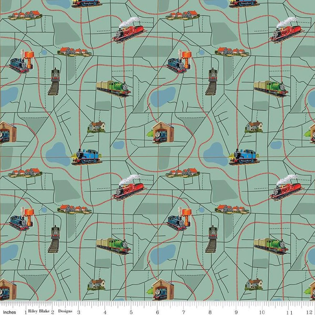 Thomas & Friends™ 80th Anniversary Map Green Cotton Fabric