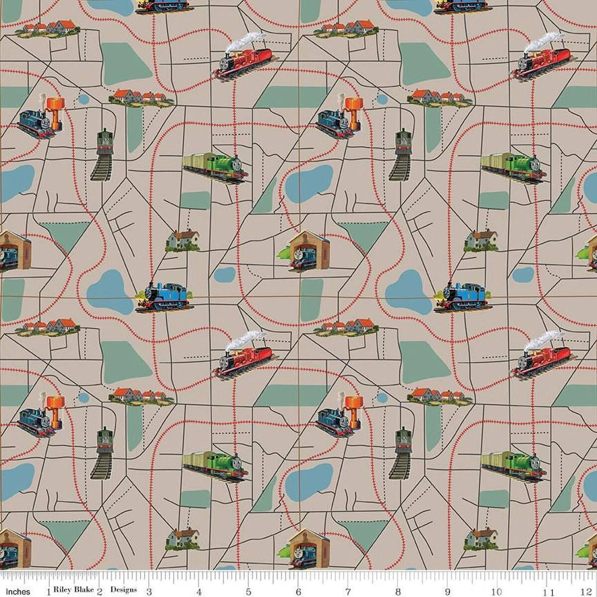 Thomas & Friends™ 80th Anniversary Map Pewter Cotton Fabric