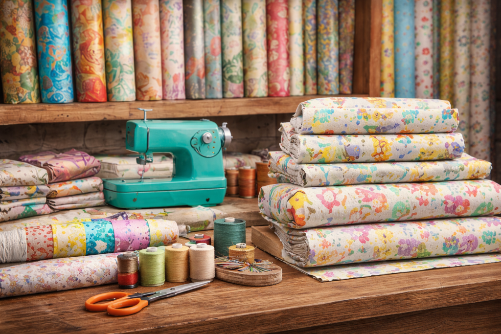 A vintage turquoise sewing machine surrounded by colorful rolls of patterned fabric, spools of thread, and scissors on a wooden table.