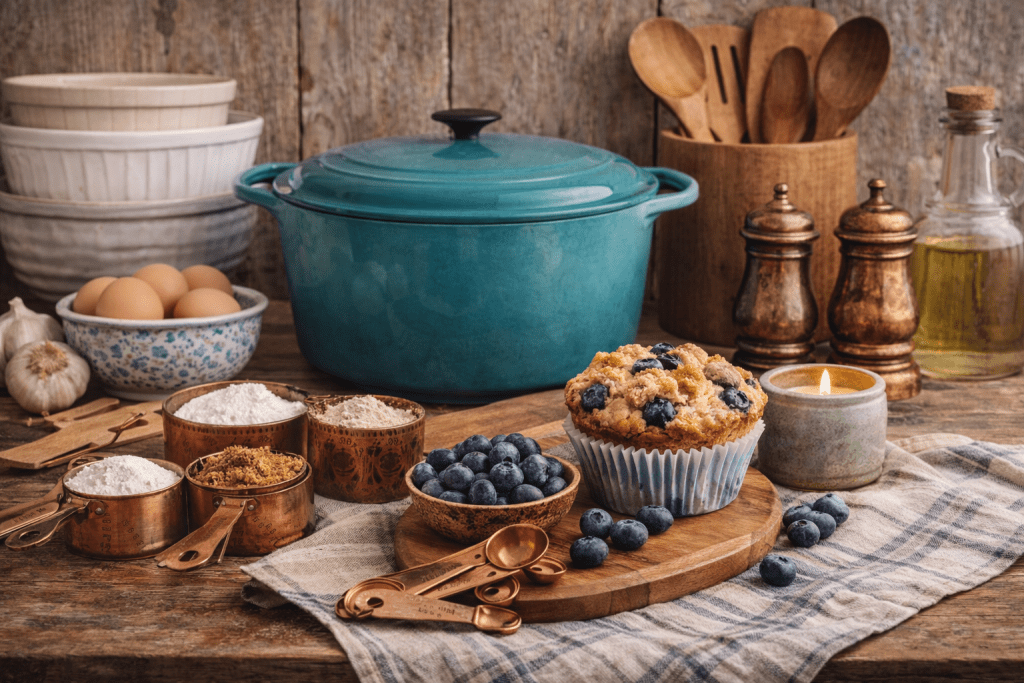 A cozy kitchen scene featuring a teal pot, baking ingredients like flour and sugar in copper measuring cups, fresh blueberries, and a freshly baked muffin, accompanied by eggs, garlic, and wooden utensils.
