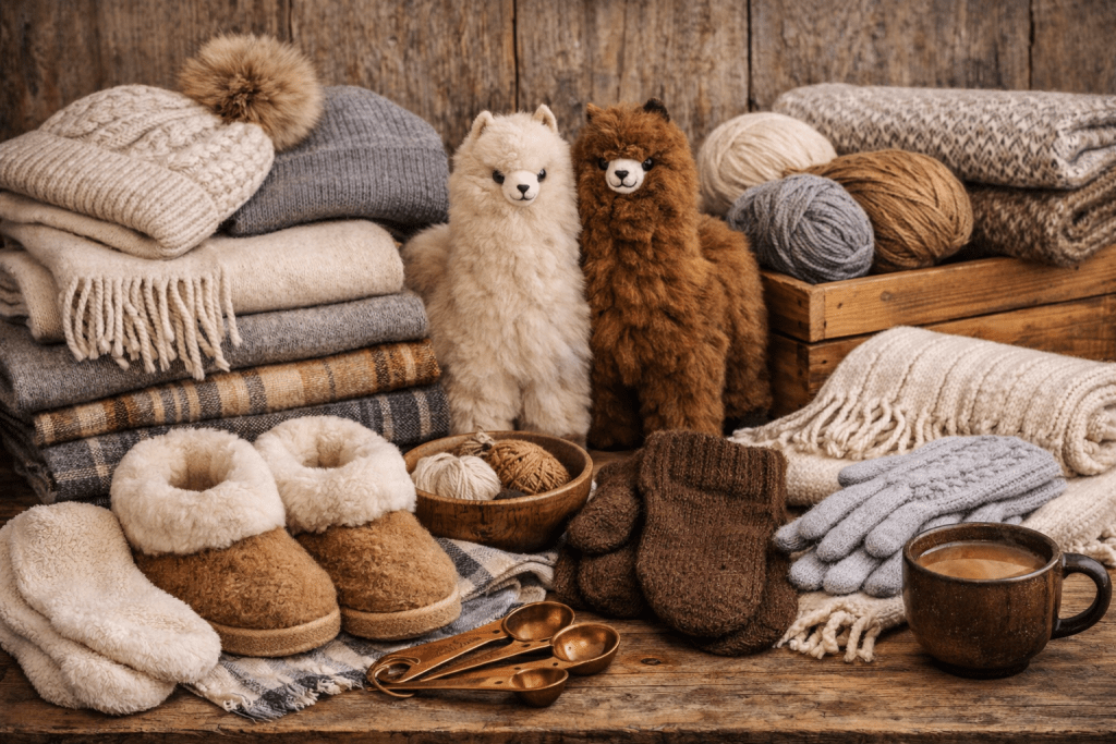 A cozy winter arrangement featuring plush blankets, soft slippers, knitted gloves, yarn balls, and decorative llama figurines, alongside a warm cup of coffee on a wooden table.