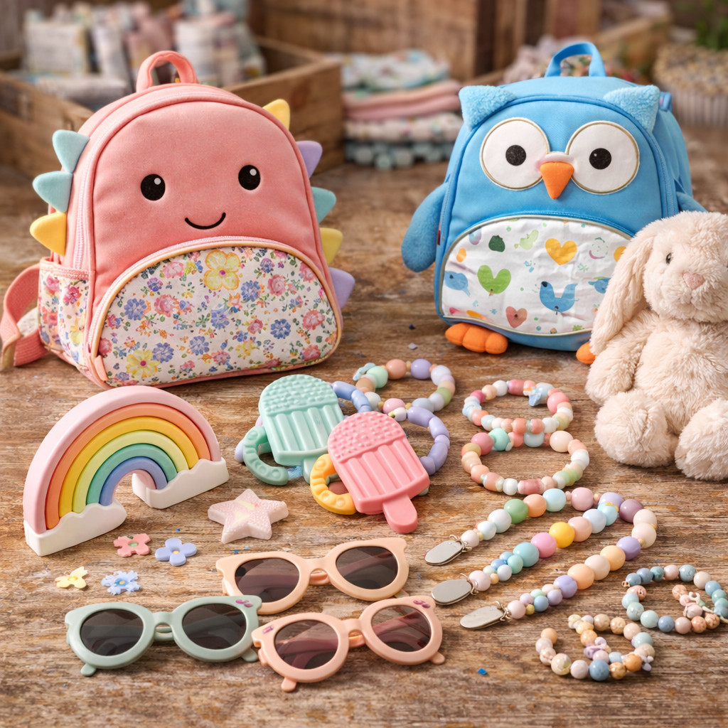 A pink dinosaur-shaped backpack with floral accents and a smiling face, next to a blue owl backpack, surrounded by children’s accessories including colorful sunglasses, silicone toys, and beaded bracelets, with a plush bunny on the right.