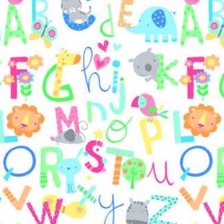 Alphabets and Animals White Flannel Fabric