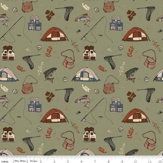 Flannel Let's Wander Gone Fishing Sage Fabric