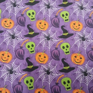 Halloween Pumpkins Skulls Witch Hats & Spiderwebs Purple Cotton Fabric