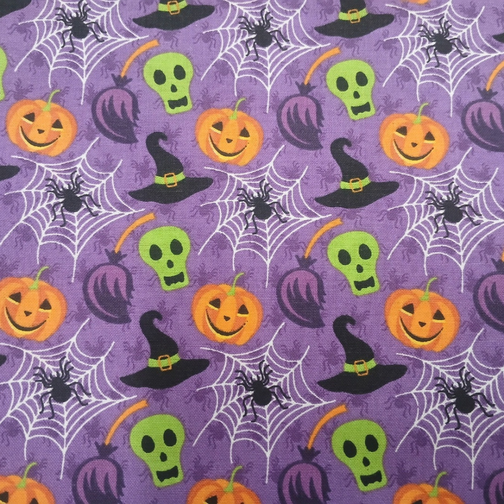Halloween Pumpkins Skulls Witch Hats & Spiderwebs Purple Cotton Fabric