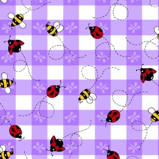 Lady Bugs and Bees on Check Purple Comfy Flannel Fabric
