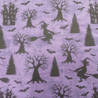 Witches Haunted Houses Bats & Spooky Trees Purple Cotton Fabric