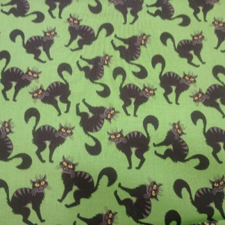 Spooky Black Cats on Green Halloween Cotton Fabric