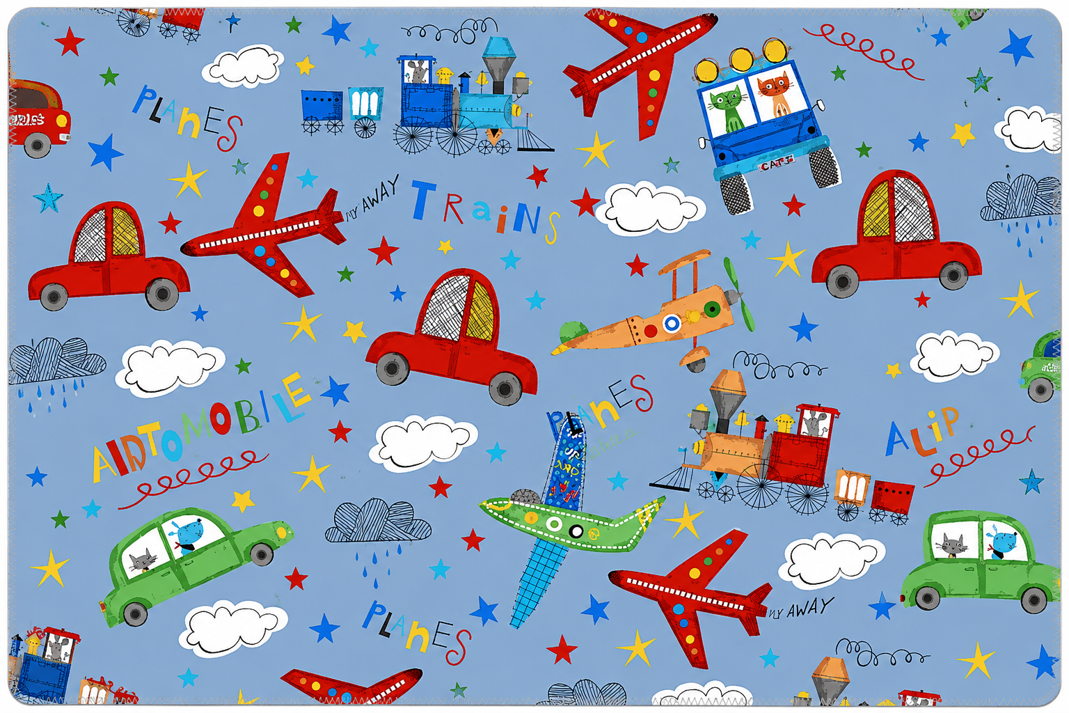 Single Layer Flannel Blanket - Fun Flannel Planes, Trains & Automobiles Blue